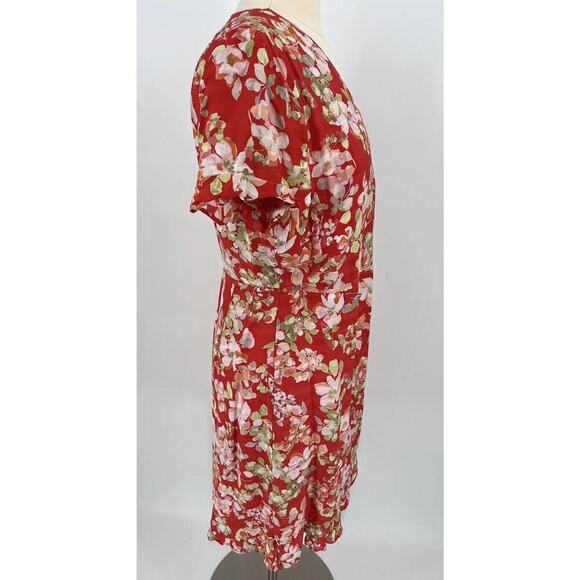 J. Jill Papaya Floral Ruffle Wrap Dress Size Medium Short Flutter Sleeves Lined - Picture 6 of 16